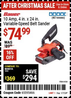 Harbor Freight Coupon 10 AMP, 4 IN. X 24 IN. VARIABLE SPEED BELT SANDER Lot No. 64530 Expired: 1/7/24 - $74.99