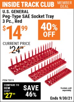Harbor Freight ITC Coupon US GENERAL 3 PIECE PEG-TYPE SOCKET TRAYS Lot No. 70018/70019 Expired: 9/30/21 - $14.99
