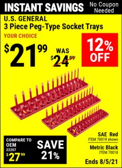 Harbor Freight Coupon US GENERAL 3 PIECE PEG-TYPE SOCKET TRAYS Lot No. 70018/70019 Expired: 8/5/21 - $21.99