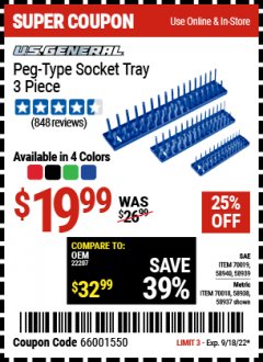 Harbor Freight Coupon US GENERAL 3 PIECE PEG-TYPE SOCKET TRAYS Lot No. 70018/70019 Expired: 9/18/22 - $19.99