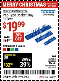 Harbor Freight Coupon US GENERAL 3 PIECE PEG-TYPE SOCKET TRAYS Lot No. 70018/70019 Expired: 12/26/22 - $19.99