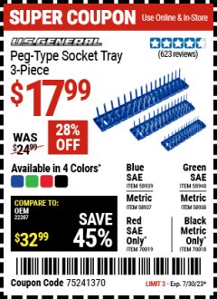 Harbor Freight Coupon US GENERAL 3 PIECE PEG-TYPE SOCKET TRAYS Lot No. 70018/70019 Expired: 7/30/23 - $17.99