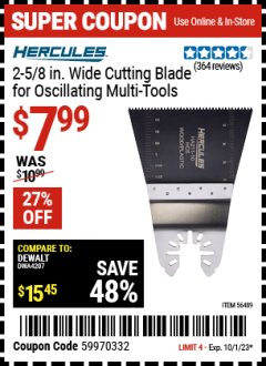 Harbor Freight Coupon 2-5/8 IN. WIDE CUTTING BLADE Lot No. 56489 Expired: 10/1/23 - $7.99
