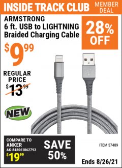 Harbor Freight ITC Coupon ARMSTRONG 6 FT. USB TO LIGHTNING BRAIDED CHARGING CABLE Lot No. 57489 Expired: 8/26/21 - $9.99