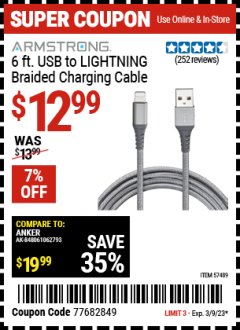 Harbor Freight Coupon ARMSTRONG 6 FT. USB TO LIGHTNING BRAIDED CHARGING CABLE Lot No. 57489 Expired: 3/9/23 - $12.99