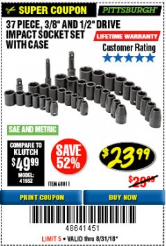 Harbor Freight Coupon 37 PIECE 3/8" AND 1/2" DRIVE COMBINATION IMPACT SOCKET SET Lot No. 68011 Expired: 8/31/18 - $23.99