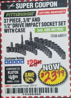 Harbor Freight Coupon 37 PIECE 3/8" AND 1/2" DRIVE COMBINATION IMPACT SOCKET SET Lot No. 68011 Expired: 10/31/18 - $23.99