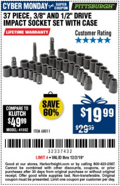 Harbor Freight Coupon 37 PIECE 3/8" AND 1/2" DRIVE COMBINATION IMPACT SOCKET SET Lot No. 68011 Expired: 12/1/19 - $19.99