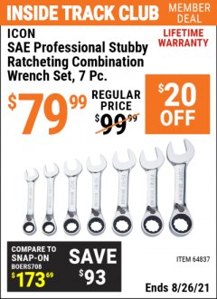 Harbor Freight ITC Coupon ICON 7 PC SAE PROFESSIONAL STUBBY RATCHETING COMBINATION WRENCH SET Lot No. 64837 Expired: 8/26/21 - $79.99