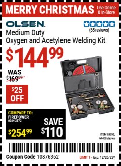 Harbor Freight Coupon OXYGEN AND ACETYLENE WELDING KIT Lot No. 63393, 64408, 98958 Expired: 12/26/22 - $144.99