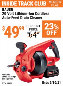 Harbor Freight ITC Coupon BAUER 20V HYPERMAX LITHIUM-ION CORDLESS AUTO-FEED DRAIN CLEANER – TOOL ONLY Lot No. 64483 Expired: 9/30/21 - $49.99