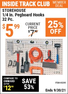 Harbor Freight ITC Coupon STOREHOUSE 1/4 IN PEGBOARD HOOKS 32 PC. Lot No. 65295 Expired: 9/30/21 - $5.99