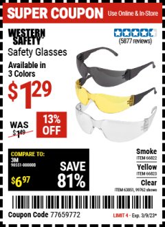 Harbor Freight Coupon WESTERN SAFETY SAFETY GLASSES WITH SMOKE LENSES Lot No. 66822 Expired: 3/9/23 - $1.29