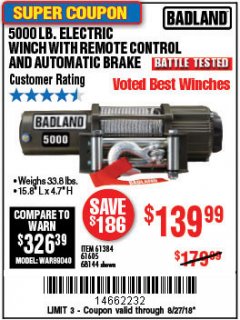 Harbor Freight Coupon 5000 LB. ELECTRIC WINCH WITH REMOTE CONTROL AND AUTOMATIC BRAKE Lot No. 61384/61605/68144 Expired: 8/27/18 - $139.99