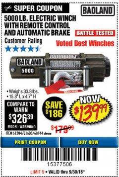 Harbor Freight Coupon 5000 LB. ELECTRIC WINCH WITH REMOTE CONTROL AND AUTOMATIC BRAKE Lot No. 61384/61605/68144 Expired: 9/30/18 - $139.99