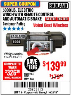 Harbor Freight Coupon 5000 LB. ELECTRIC WINCH WITH REMOTE CONTROL AND AUTOMATIC BRAKE Lot No. 61384/61605/68144 Expired: 10/29/18 - $139.99