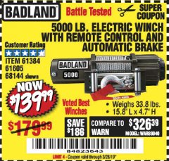 Harbor Freight Coupon 5000 LB. ELECTRIC WINCH WITH REMOTE CONTROL AND AUTOMATIC BRAKE Lot No. 61384/61605/68144 Expired: 3/28/19 - $139.99
