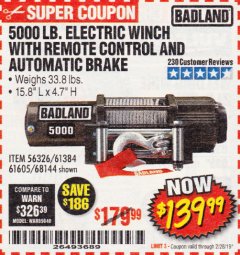 Harbor Freight Coupon 5000 LB. ELECTRIC WINCH WITH REMOTE CONTROL AND AUTOMATIC BRAKE Lot No. 61384/61605/68144 Expired: 2/28/19 - $139.99