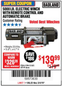 Harbor Freight Coupon 5000 LB. ELECTRIC WINCH WITH REMOTE CONTROL AND AUTOMATIC BRAKE Lot No. 61384/61605/68144 Expired: 3/4/19 - $139.99