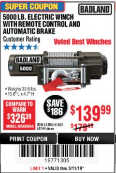 Harbor Freight Coupon 5000 LB. ELECTRIC WINCH WITH REMOTE CONTROL AND AUTOMATIC BRAKE Lot No. 61384/61605/68144 Expired: 3/11/19 - $139.99