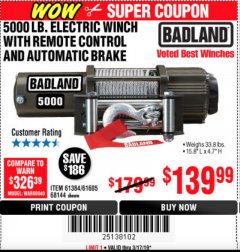 Harbor Freight Coupon 5000 LB. ELECTRIC WINCH WITH REMOTE CONTROL AND AUTOMATIC BRAKE Lot No. 61384/61605/68144 Expired: 3/17/19 - $139.99