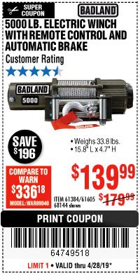 Harbor Freight Coupon 5000 LB. ELECTRIC WINCH WITH REMOTE CONTROL AND AUTOMATIC BRAKE Lot No. 61384/61605/68144 Expired: 4/28/19 - $139.99