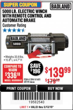 Harbor Freight Coupon 5000 LB. ELECTRIC WINCH WITH REMOTE CONTROL AND AUTOMATIC BRAKE Lot No. 61384/61605/68144 Expired: 5/13/19 - $139.99