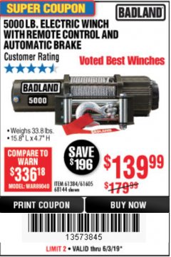 Harbor Freight Coupon 5000 LB. ELECTRIC WINCH WITH REMOTE CONTROL AND AUTOMATIC BRAKE Lot No. 61384/61605/68144 Expired: 6/3/19 - $139.99