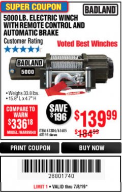 Harbor Freight Coupon 5000 LB. ELECTRIC WINCH WITH REMOTE CONTROL AND AUTOMATIC BRAKE Lot No. 61384/61605/68144 Expired: 7/8/19 - $139.99