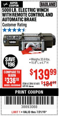 Harbor Freight Coupon 5000 LB. ELECTRIC WINCH WITH REMOTE CONTROL AND AUTOMATIC BRAKE Lot No. 61384/61605/68144 Expired: 7/21/19 - $139.99