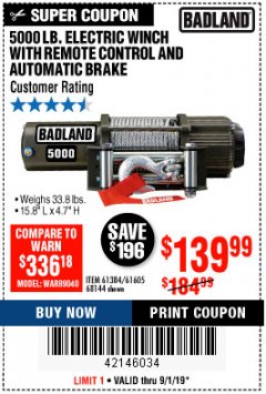 Harbor Freight Coupon 5000 LB. ELECTRIC WINCH WITH REMOTE CONTROL AND AUTOMATIC BRAKE Lot No. 61384/61605/68144 Expired: 9/1/19 - $139.99