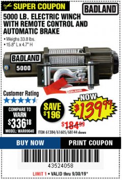 Harbor Freight Coupon 5000 LB. ELECTRIC WINCH WITH REMOTE CONTROL AND AUTOMATIC BRAKE Lot No. 61384/61605/68144 Expired: 9/30/19 - $139.99