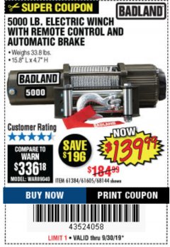 Harbor Freight Coupon 5000 LB. ELECTRIC WINCH WITH REMOTE CONTROL AND AUTOMATIC BRAKE Lot No. 61384/61605/68144 Expired: 9/30/19 - $139.99
