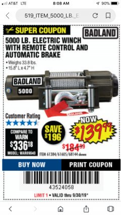 Harbor Freight Coupon 5000 LB. ELECTRIC WINCH WITH REMOTE CONTROL AND AUTOMATIC BRAKE Lot No. 61384/61605/68144 Expired: 9/22/19 - $139.99