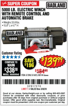 Harbor Freight Coupon 5000 LB. ELECTRIC WINCH WITH REMOTE CONTROL AND AUTOMATIC BRAKE Lot No. 61384/61605/68144 Expired: 2/8/20 - $139.99