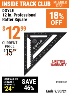 Harbor Freight ITC Coupon DOYLE 12 IN. PROFESSIONAL RAFTER SQUARE Lot No. 57082 Expired: 9/30/21 - $12.99