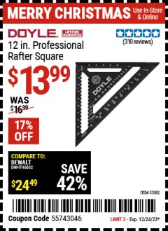 Harbor Freight Coupon DOYLE 12 IN. PROFESSIONAL RAFTER SQUARE Lot No. 57082 Expired: 12/24/23 - $13.99