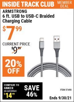 Harbor Freight ITC Coupon ARMSTRONG 6 FT. USB TO USB-C BRAIDED CHARGING CABLE Lot No. 57490 Expired: 9/30/21 - $7.99