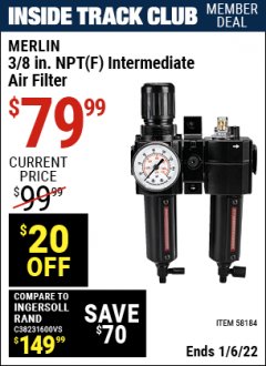 Harbor Freight ITC Coupon MERLIN 3/8 IN. NPT(F) FILTER/REGULATOR/LUBRICATOR Lot No. 58184 Expired: 1/6/22 - $79.99
