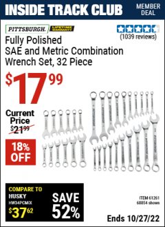 Harbor Freight ITC Coupon 32 PIECE FULLY POLISHED SAE & METRIC COMBINATION WRENCH SET Lot No. 68854/61261 Expired: 10/27/22 - $17.99
