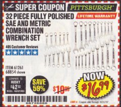 Harbor Freight Coupon 32 PIECE FULLY POLISHED SAE & METRIC COMBINATION WRENCH SET Lot No. 68854/61261 Expired: 10/31/19 - $16.99
