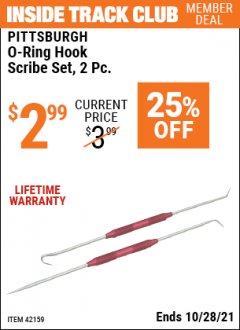 Harbor Freight ITC Coupon PITTSBURGH O-RING HOOK SCRIBE SET, 2 PC. Lot No. 42159 Expired: 10/28/21 - $2.99