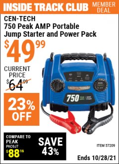 Harbor Freight ITC Coupon CEN-TECH 750 PEAK AMP PORTABLE JUMP STARTER AND POWER PACK Lot No. 57209 Expired: 10/28/21 - $49.99