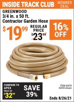 Harbor Freight ITC Coupon 3/4" X 50 FT. COMMERCIAL DUTY GARDEN HOSE Lot No. 61769/63478/63335 Expired: 8/26/21 - $19.99