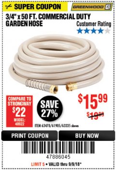 Harbor Freight Coupon 3/4" X 50 FT. COMMERCIAL DUTY GARDEN HOSE Lot No. 61769/63478/63335 Expired: 9/9/18 - $15.99
