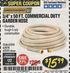 Harbor Freight Coupon 3/4" X 50 FT. COMMERCIAL DUTY GARDEN HOSE Lot No. 61769/63478/63335 Expired: 4/30/19 - $15.99