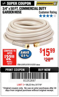 Harbor Freight Coupon 3/4" X 50 FT. COMMERCIAL DUTY GARDEN HOSE Lot No. 61769/63478/63335 Expired: 3/17/19 - $15.99