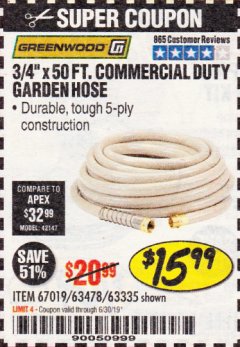 Harbor Freight Coupon 3/4" X 50 FT. COMMERCIAL DUTY GARDEN HOSE Lot No. 61769/63478/63335 Expired: 6/30/19 - $15.99
