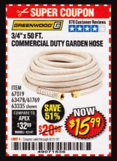 Harbor Freight Coupon 3/4" X 50 FT. COMMERCIAL DUTY GARDEN HOSE Lot No. 61769/63478/63335 Expired: 8/31/19 - $15.99