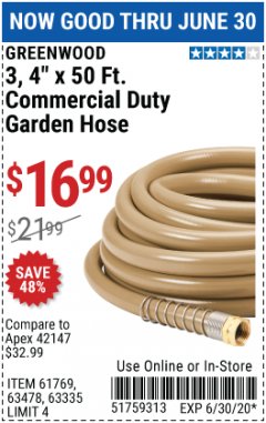 Harbor Freight Coupon 3/4" X 50 FT. COMMERCIAL DUTY GARDEN HOSE Lot No. 61769/63478/63335 Expired: 6/30/20 - $16.99